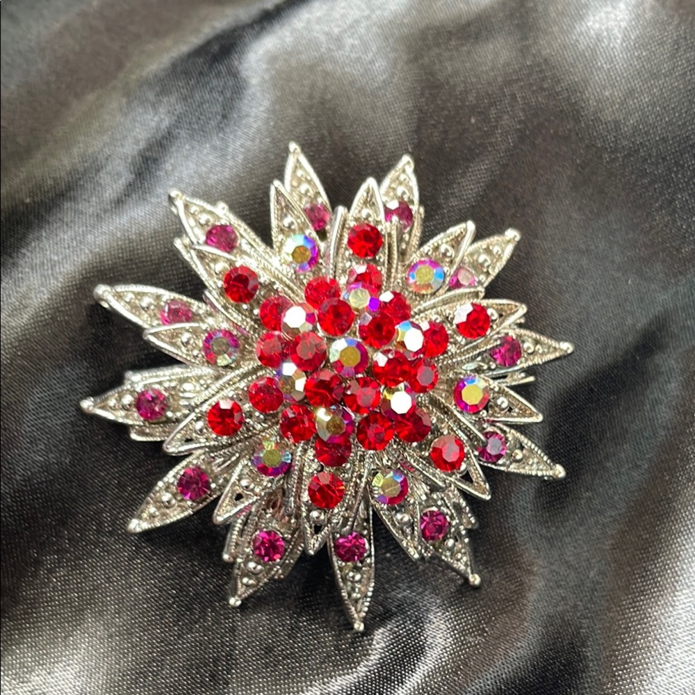 Elegant Silver and Red&Pink Floral Brooch
